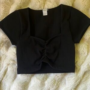 Zara Black Ruched Crop Bodysuit Short Sleeve